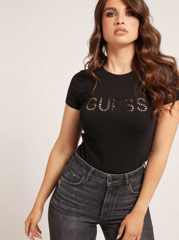 Čierne dámske tričko s potlačou Guess Eylet